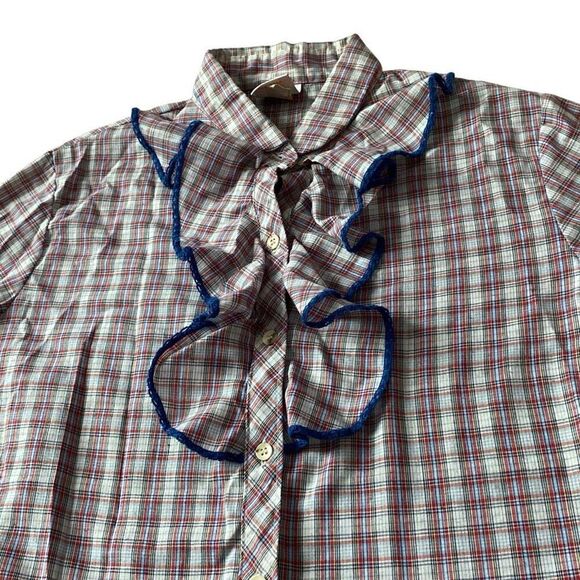Vintage 1970s Wrangler Ruffle Blouse Blue Red White Button Up Shirt Juniors 15 - Picture 3 of 12